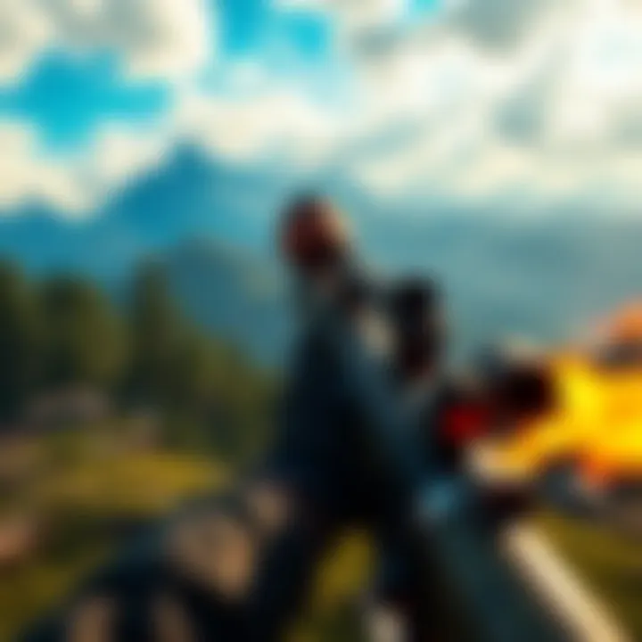 A player engaging in combat with a weapon in Far Cry 5, surrounded by a scenic environment featuring mountains and trees.