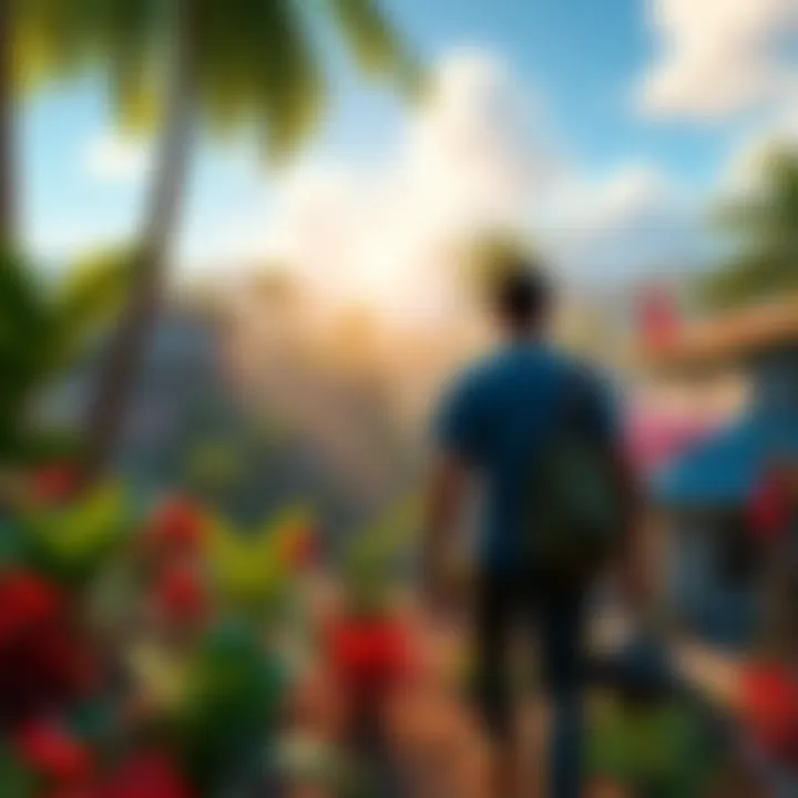 A character from Far Cry 6 exploring a vibrant tropical landscape with various plants and buildings in the background, showcasing the game's open world.