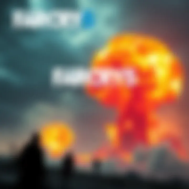 A dramatic scene depicting a nuclear explosion in Far Cry 5, with characters facing the chaos in the foreground.