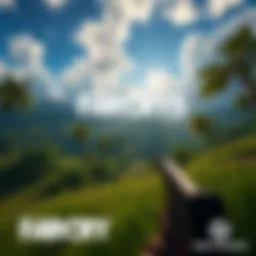 A scenic view from Far Cry 5 showcasing the lush environment and a character aiming a weapon.