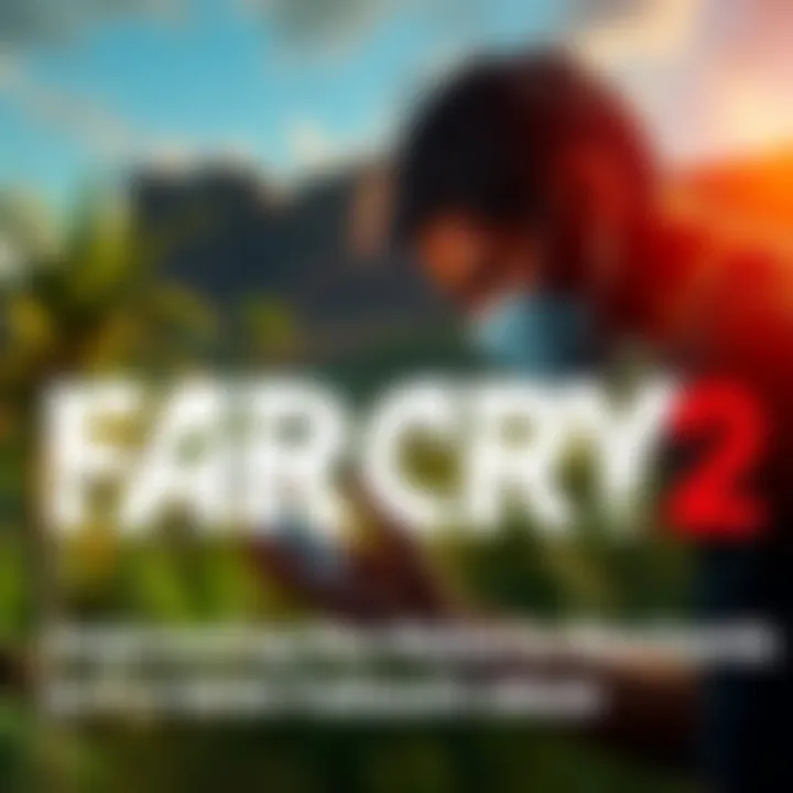 A scene from Far Cry 2 showing a character looking for medicine to treat malaria, with lush African landscape in the background.