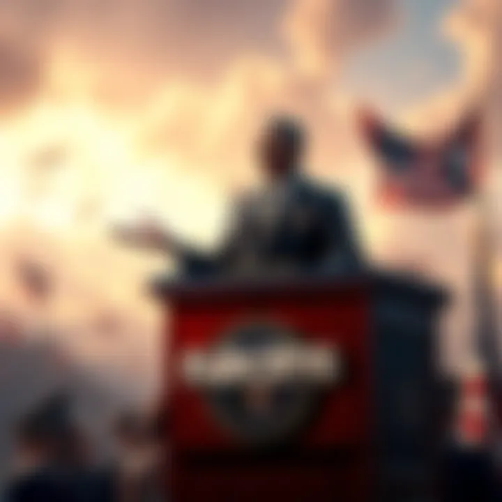 A character from Far Cry 6 standing confidently at a presidential podium with a backdrop of the fictional country of Yara, addressing a crowd