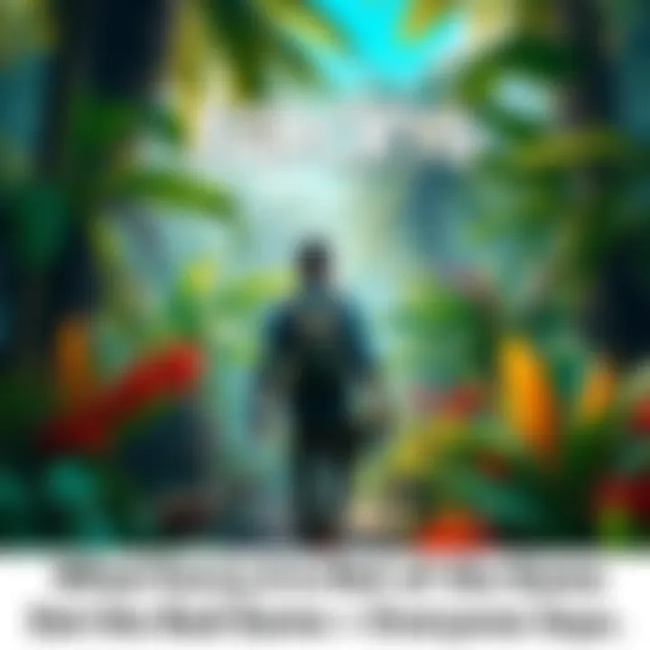 A character exploring a vibrant jungle in Far Cry 6 with tropical plants and wildlife around