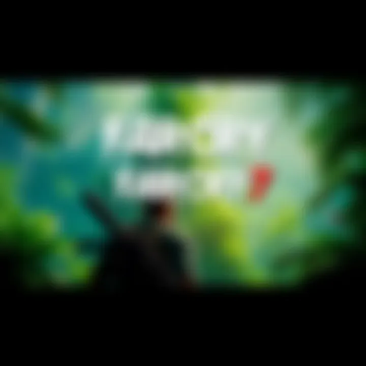 An artistic view of a jungle setting from Far Cry 7, featuring lush greenery and a character holding a weapon