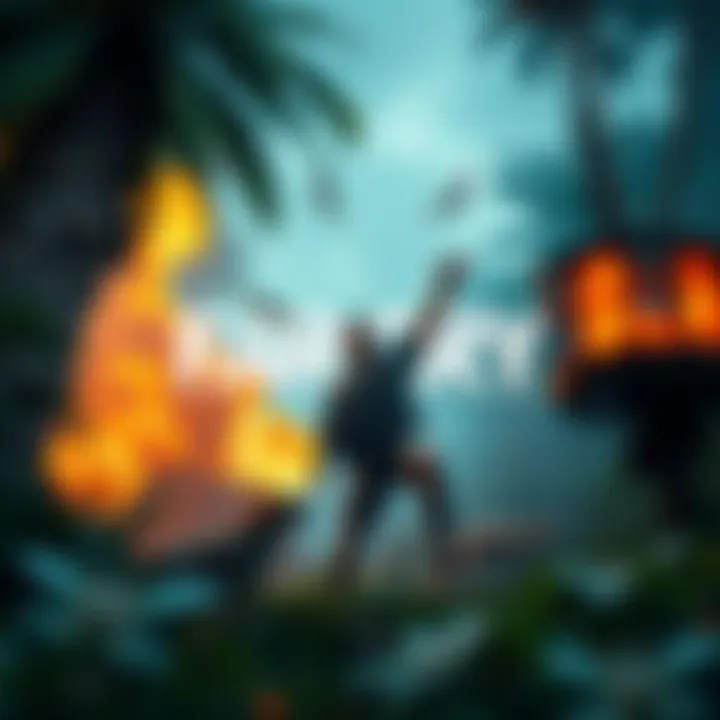 A character from Far Cry experiencing a chaotic moment, surrounded by explosions and wildlife in the jungle