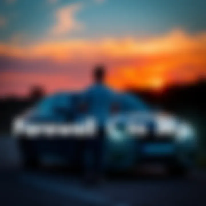 Farewell to My Car A person standing next to a parked car, looking reflective and emotional as they prepare to say goodbye, with a sunset in the background