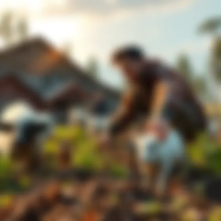 A character tending to a farm with crops and animals in a survival game setting