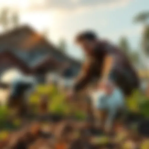 Farm in Survival Game A character tending to a farm with crops and animals in a survival game setting