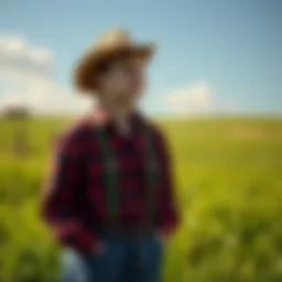 A farmer named Merl stands in a green field, pondering possible last names for his character.