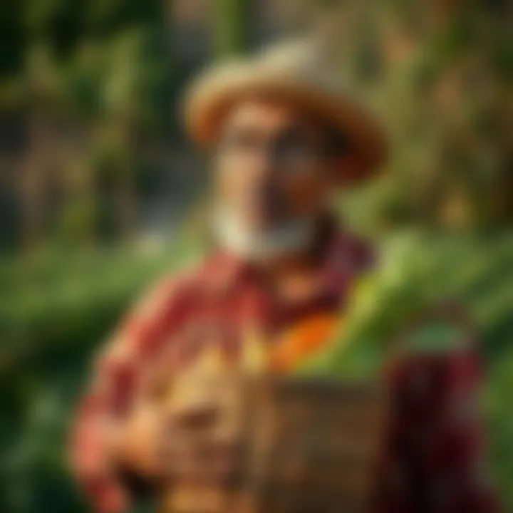 A farmer holding a basket with crops, looking shocked after an unexpected bite.