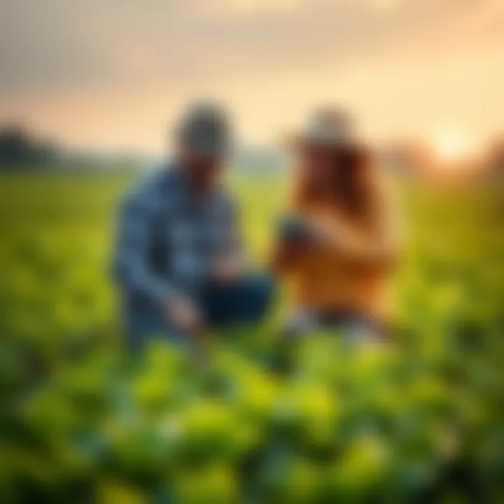 Two farmers discussing strategies while working in a lush green field