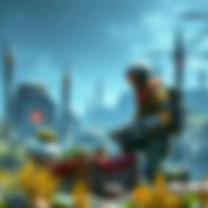 A player character gathering resources and recycling components in a game environment with bastions in the background.