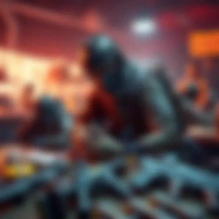 A player collecting caches in a game environment, surrounded by weapons and gear to level up guns.