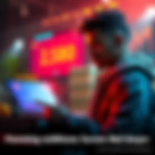 A person collecting credits from Nef Anyo with a digital interface showing increasing profit numbers