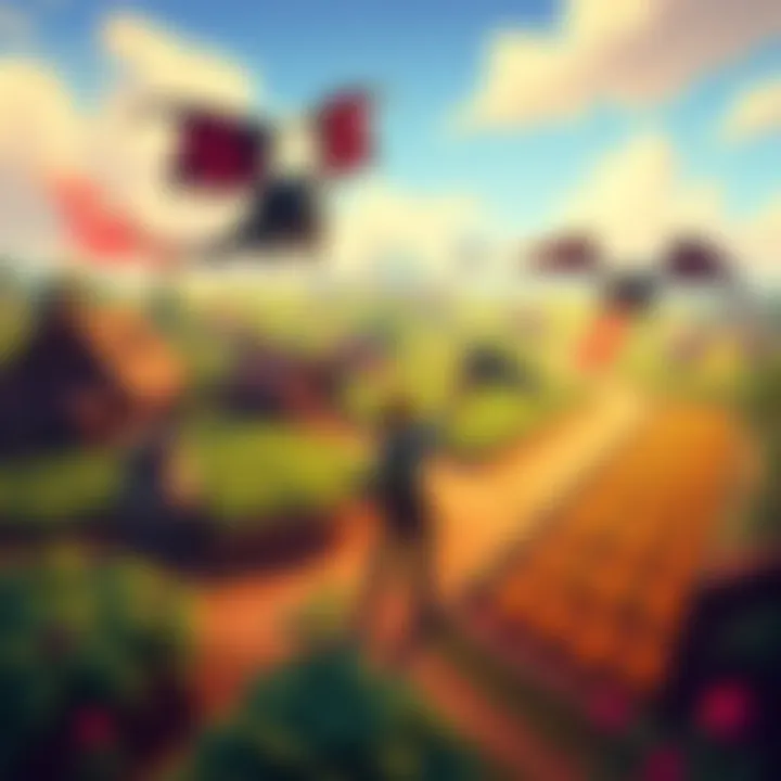 A colorful fantasy landscape featuring a character battling monsters while farming, surrounded by crops and farming equipment.