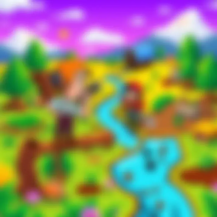 A colorful illustration showing characters farming, crafting, and exploring in a vibrant pixel art style, inspired by Stardew Valley.