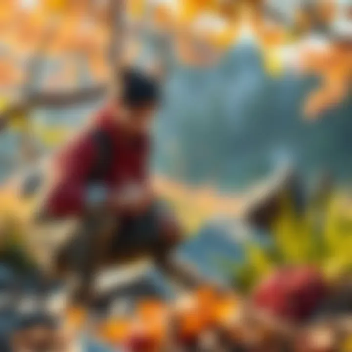 A character in a game collecting resources like wood and stone in a vibrant environment