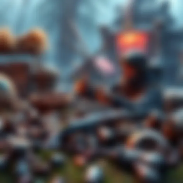 A player gathers Artian Weapon parts in a vibrant game environment, surrounded by various resources and crafting materials.