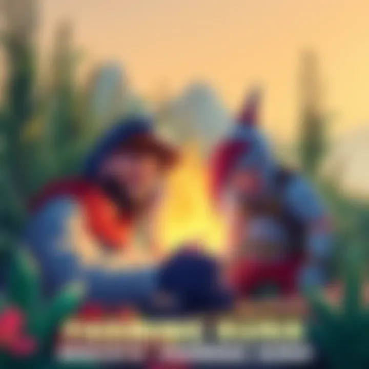 A colorful illustration showing characters in a game with a glowing aura around them, symbolizing the farming aura effect, with crops in the background.