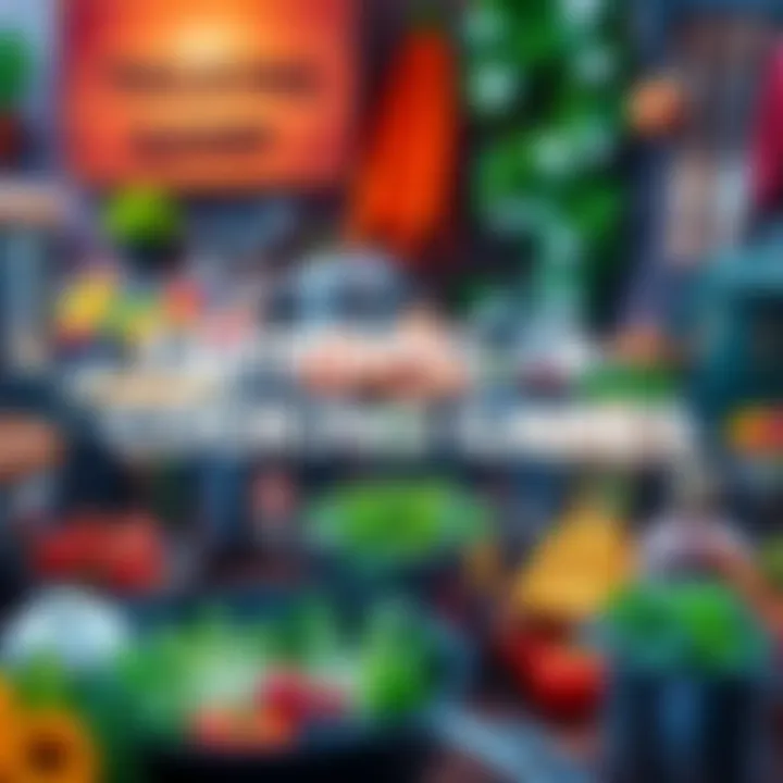 Farming and Cooking Games A colorful display of farming and cooking games featuring crops, cooking pots, and fresh ingredients. Players are seen planting seeds and preparing meals.