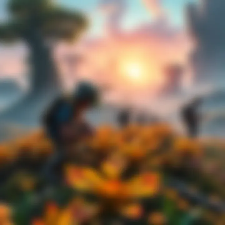 A character in a fantasy game collecting Entropium while exploring a vibrant landscape, with other players working together in the background.