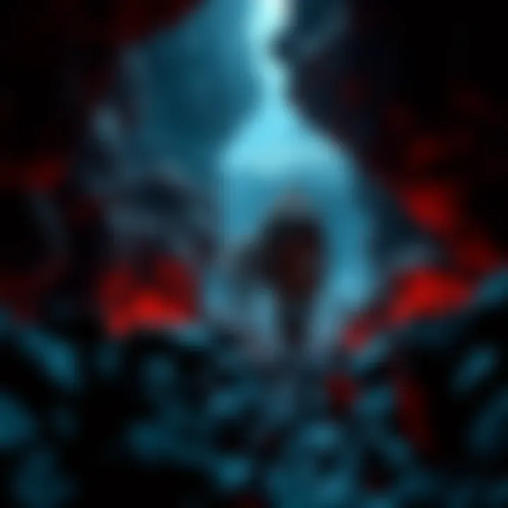 Farming for Hardened Iron A character searching for hardened iron in a dark, challenging environment. They are equipped with a weapon and tools, ready to upgrade their gear.