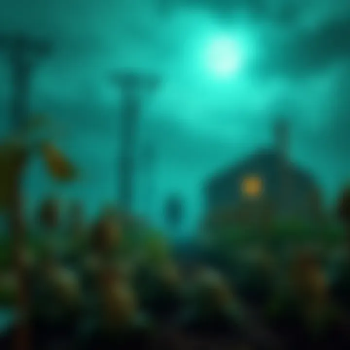 A dark, eerie farm with twisted crops and a shadowy figure lurking in the background, blending elements of farming with psychological horror.