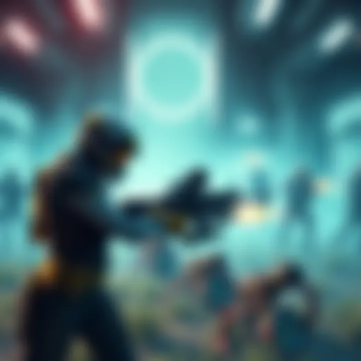 A player in a futuristic setting farming for the Imago Loop weapon, with various weapons displayed and combat happening in the background.