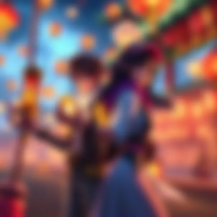 A player showcasing two characters in a game, one at level 40, efficiently farming lanterns in a colorful in-game environment. They are equipped with gear, collecting rewards from lantern runs.