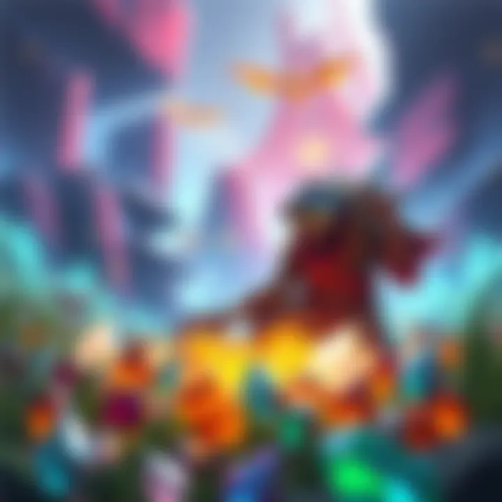 A character collecting legendary shards in a vibrant fantasy landscape