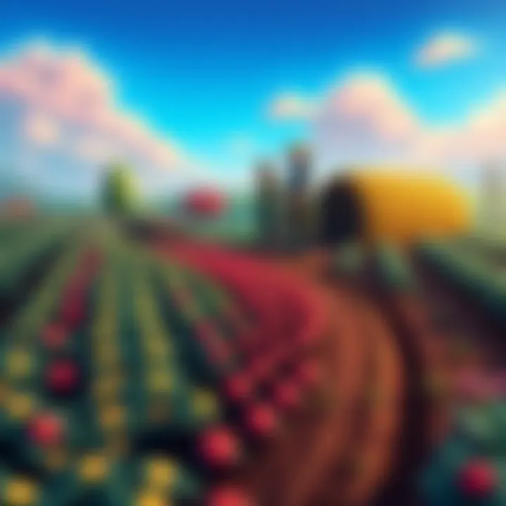 A colorful farming scene showing crops and a farmer tending to the land in Stardew Valley