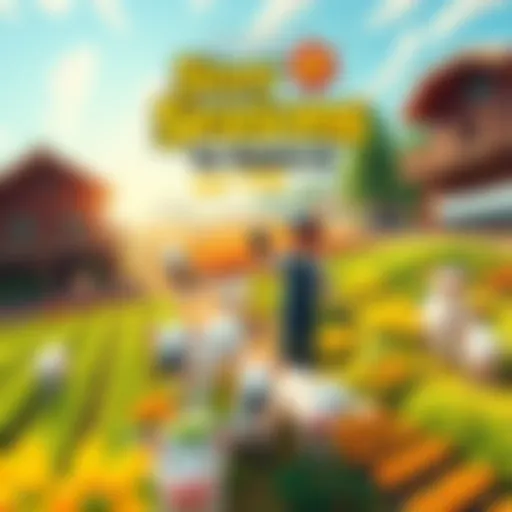 A vibrant farming landscape in virtual reality with crops, animals, and a cheerful farmer