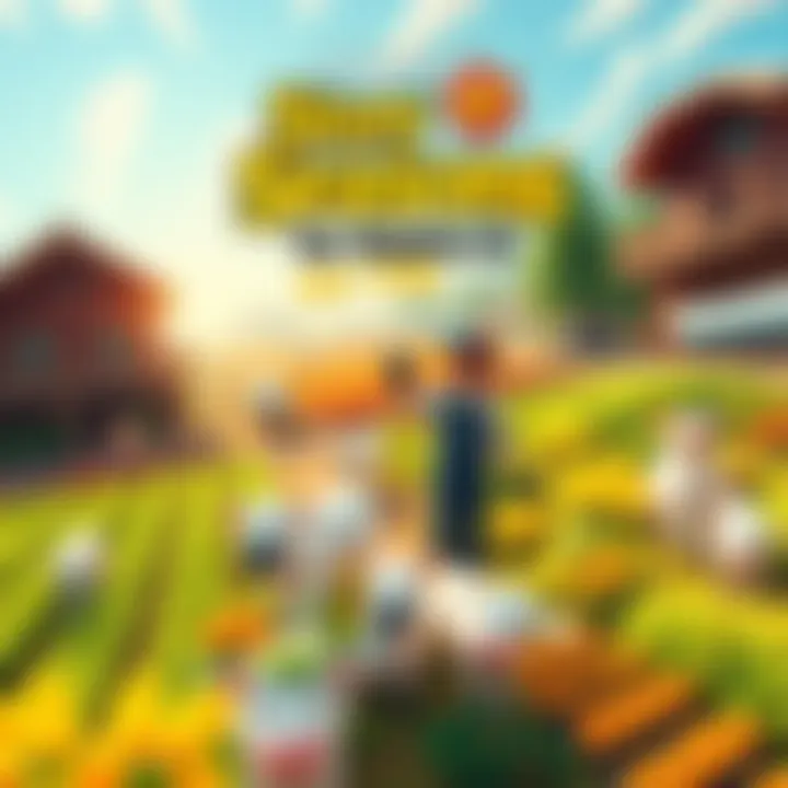 Farming scene in VR A vibrant farming landscape in virtual reality with crops, animals, and a cheerful farmer