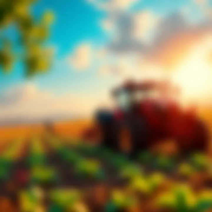 A vibrant farming scene with crops, a tractor, and a farmer tending to the land in a sunny setting.