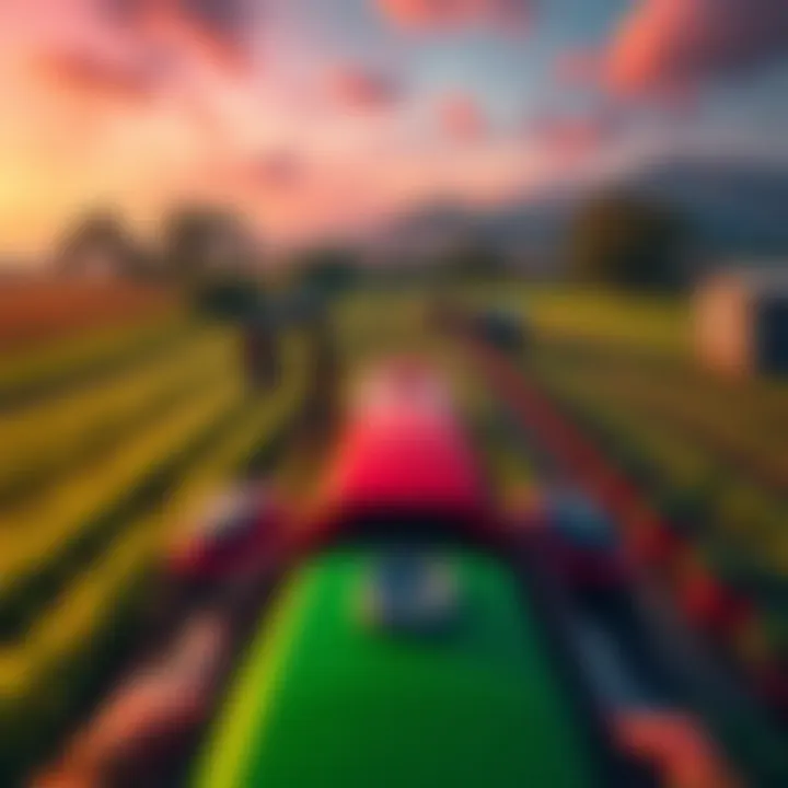 A vibrant first-person view of a farming simulator game with fields, crops, and a tractor in action