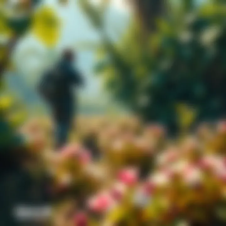 A player collecting Sterilized Biostripping with tools in a lush farming area. Nearby are upgrade stations for Nucal enhancements.