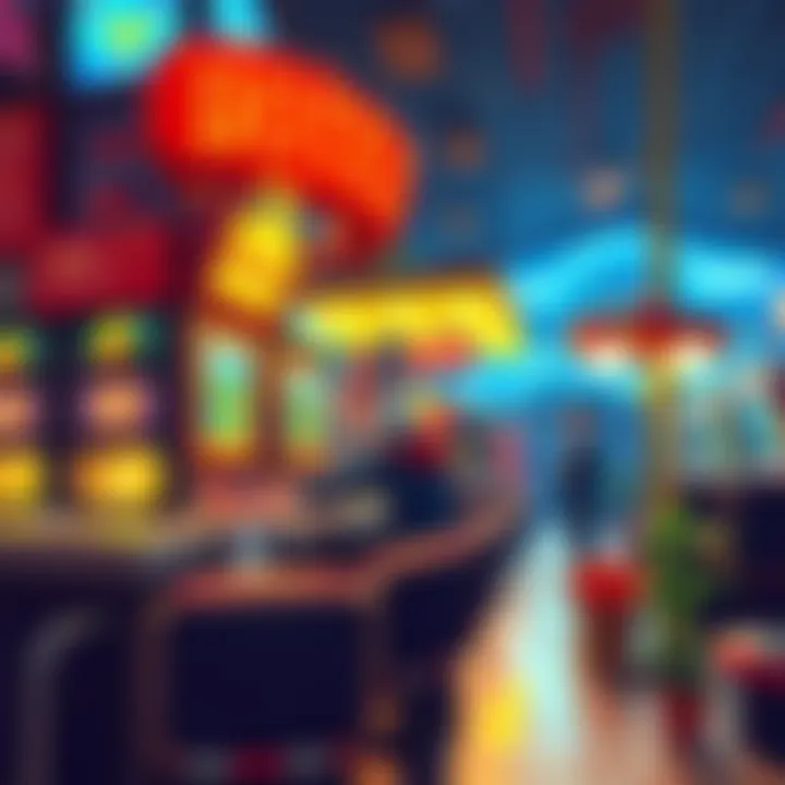 A character optimizing item drops by interacting with the stargazer at Hotel Krat, set in the Lorenzini Arcade area, showcasing a vibrant gaming environment.