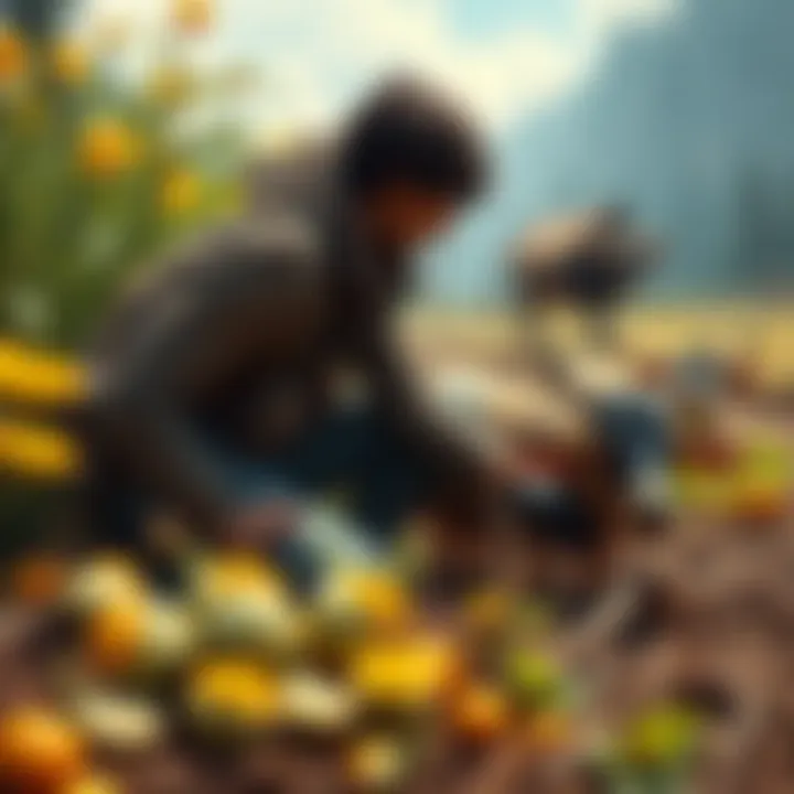 Farming in a Survival Game A character tending to crops with animals nearby in a vibrant farming setting