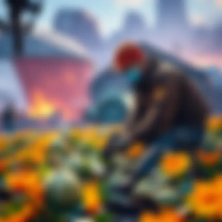 A player character harvests crops and upgrades weapons in a vibrant game world