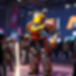 A colorful Farting Mecha suit displayed at the April Fools' Event, surrounded by people laughing and enjoying the festivities.