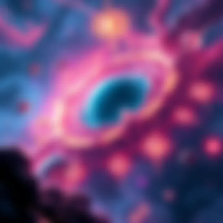 A vibrant depiction of Farum Azula with swirling colors and celestial elements, showing its existence beyond space and time