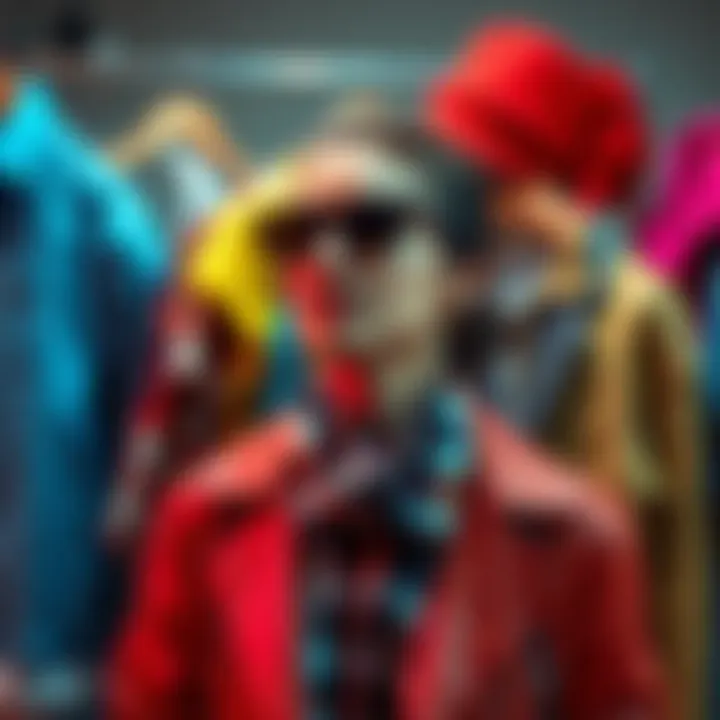 A person wearing a stylish outfit, looking for opinions on their fashion choice, surrounded by colorful clothing and accessories.