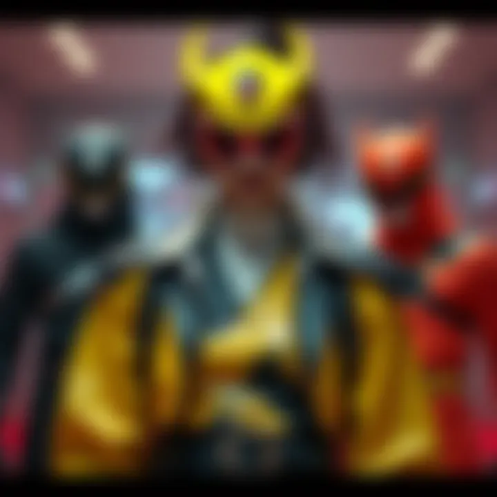 A model showcasing a bold outfit resembling the style of Power Ranger villains, featuring vibrant colors and sharp designs.