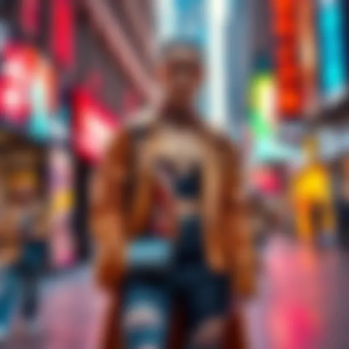 A model showcasing the latest fashion trends of 2025 on a city street, wearing stylish outfits blending street and luxury styles.