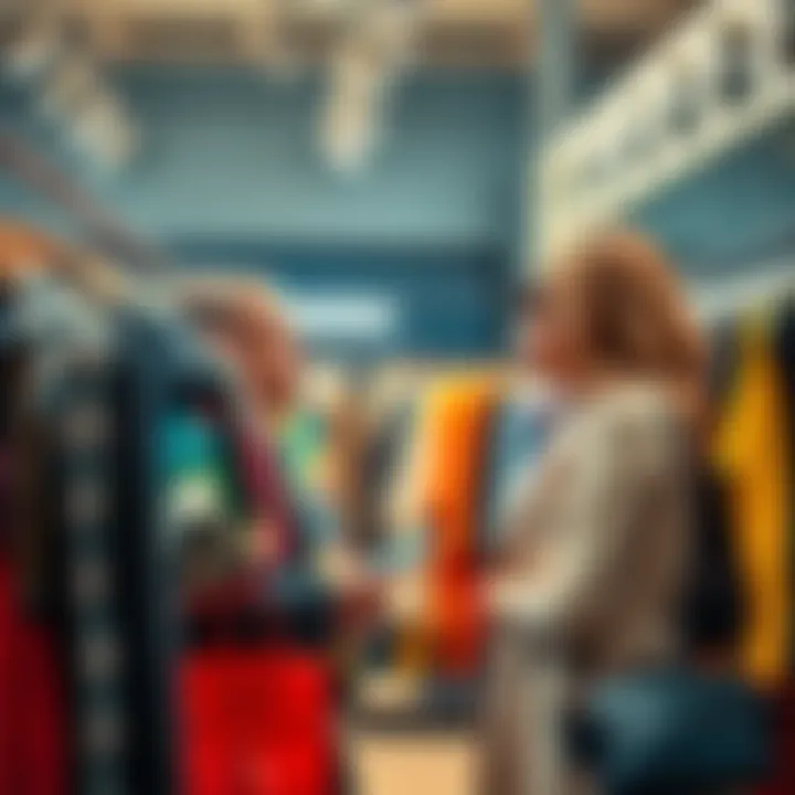 Fashion Consultation A fashion expert advising a client on the latest trends and styles, surrounded by clothing racks and fashion accessories.