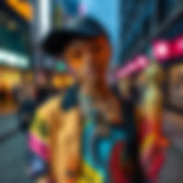 A trendy individual showcasing a colorful drip style outfit with bold patterns and accessories in an urban setting