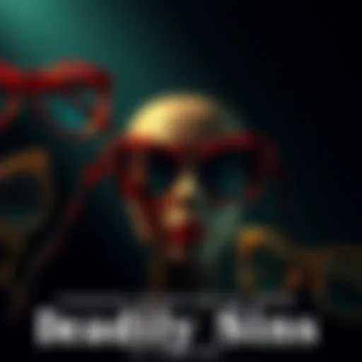 Various stylish frames representing the seven deadly sins, showcasing designs for Lust, Gluttony, and Wrath, with a creative flair.