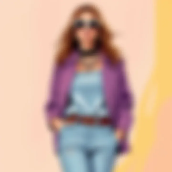 A stylish model wearing a Rebecca fit outfit, showcasing trendy clothing and accessories, with a vibrant background.