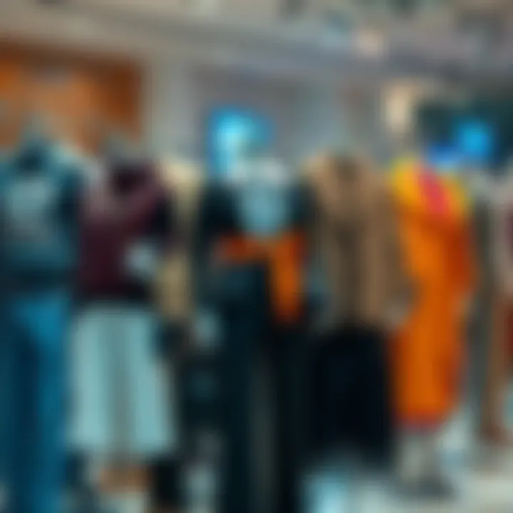 A collection of diverse outfits displayed on mannequins for casual, business, and formal events