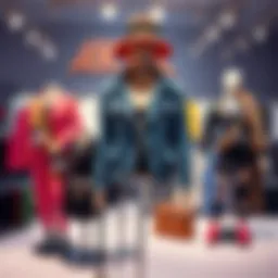 A vibrant fashion set featuring unique Arkveld clothing items displayed on a mannequin, showcasing trendy accessories and colorful fabrics.